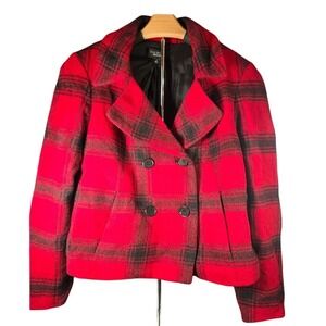 Talbots Womens Red‎ Black Plaid Wool Alpaca Blend Double Breasted Pea Coat Sz 12